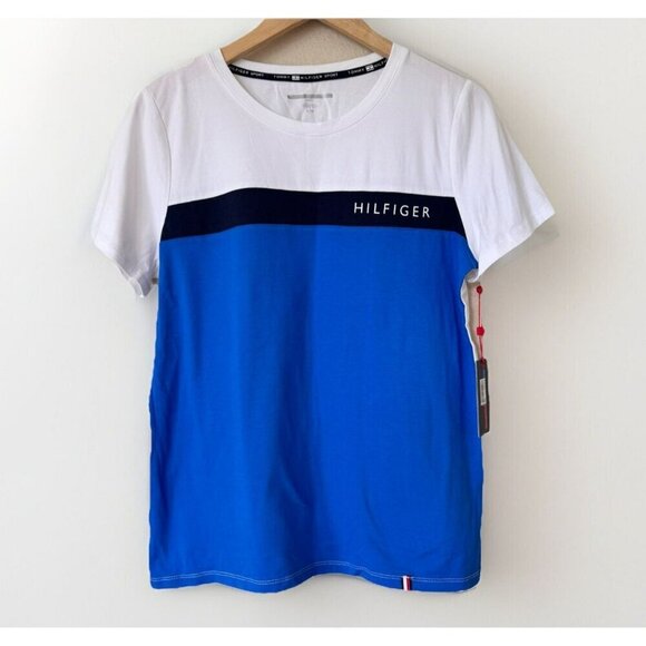 Tommy Hilfiger Womens Logo Top Color Block Short Sleeve T Shirt Size Large - Picture 1 of 6